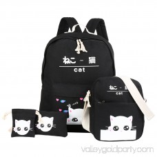Vbiger Chic Canvas Backpack Set 4-in-1 Shoulder Bags Casual Student Daypack for Teenage Girls, Cute Cat Pattern, Black